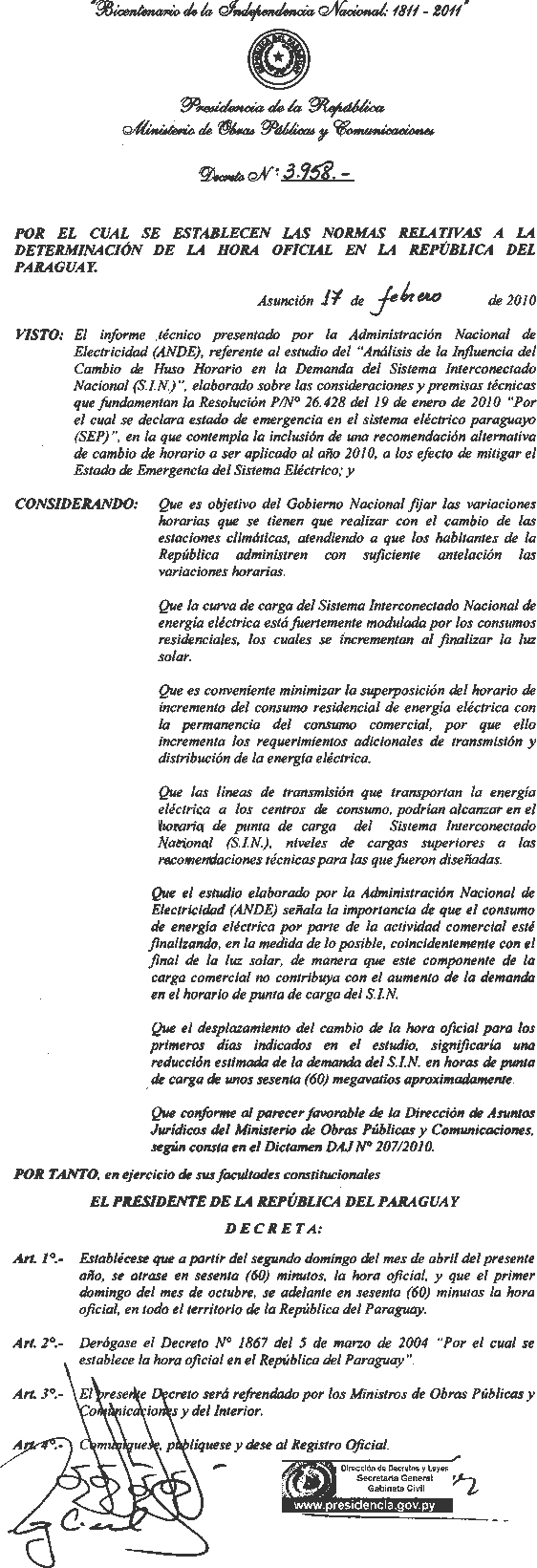 3958 POR EL CUAL SE ESTABLECEN LAS NORMAS RELATIVAS A LA DETERMINACIN DE LA HORA EN LA REPBLICA DEL PARAGUAY