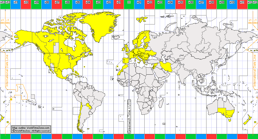 Daylight Saving Time DST Summer Time in 2021 map presentation arranged by WorldTimeZone