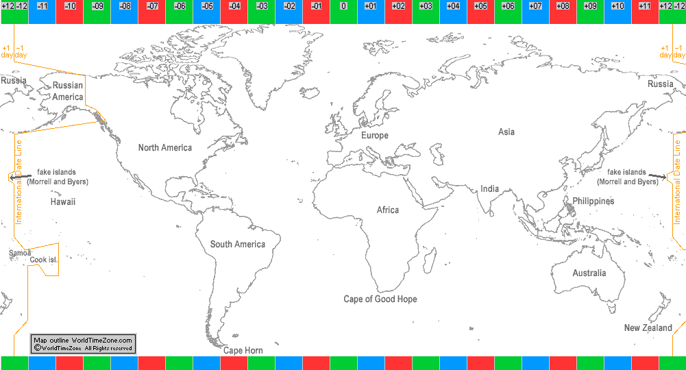 International Date Line in 1845-1867 map presentation arranged by WorldTimeZone