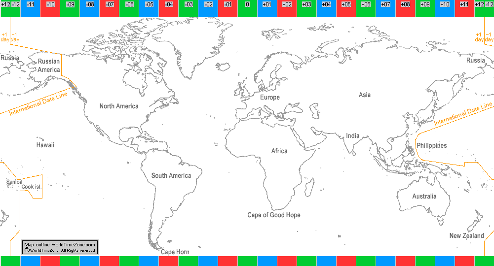 International Date Line in 1845 map presentation arranged by WorldTimeZone