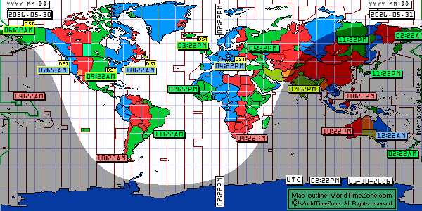 Day Night map Earth and local time around the world from WorldTimeZone