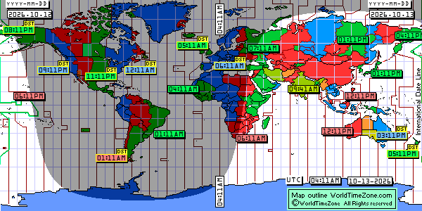 Day Night map Earth and local time around the world from WorldTimeZone