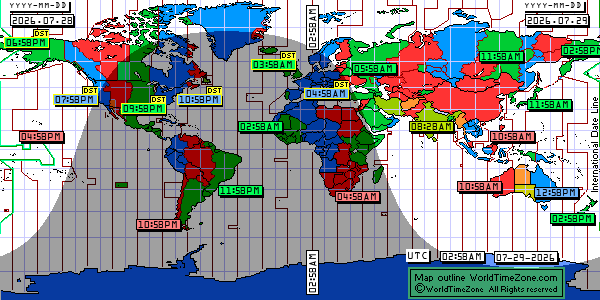 Day Night map Earth and local time around the world from WorldTimeZone