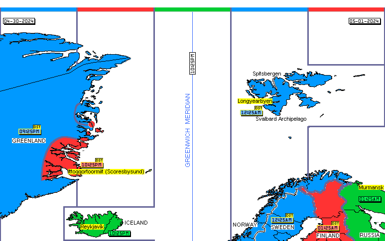 Greenwich meridian time zones map, time zones map for Iceland, time zones map for Reykjavik, time zones map for Iceland, time zones map for Ittoqqortoormiit, time zones map for Greenland, time zones map for Scoresbysund, time zones map for eastern Greenland, time zones map for northern Norway, time zones map for northern Finland, time zones map for north-west Russia, time zones map for Murmansk, time zones map for Spitsbergen, time zones map for Longyearbyen, time zones map for Svalbard 