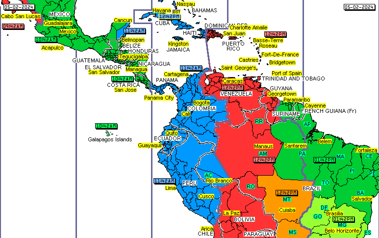 time zones map for Cuba, time zones map for Bahamas, time zones map for Barbados, time zones map for Dominican Republic, time zones map for Grenada, time zones map for Haiti, time zones map for Antigua and Barbuda, time zones map for Puerto Rico, time zones map for Trinidad and Tobago, time zones map for Jamaica, time zones map for US Virgin Islands,time zones map for Belize, time zones map for Costa Rica, time zones map for Dominica, time zones map for El Salvador, time zones map for Guatemala, time zones map for Honduras, time zones map for Mexico, time zones map for Nicaragua, time zones map for Panama, time zones map for St Kitts and Nevis, time zones map for St. Lucia, time zones map for St Vincent and The Grenadines, time zones map for Anguilla UK, time zones map for Aruba Netherlands, time zones map for Bonaire Netherlands, time zones map for British Virgin Islands UK, time zones map for Cayman Islands UK, time zones map for Curacao Netherlands, time zones map for Guadeloupe France, time zones map for Martinique France, time zones map for Montserrat UK, time zones map for Sint Eustatius Netherlands, time zones map for Sint Maarten Netherlands, time zones map for Turks and Caicos Islands UK, time zones map for Saba Netherlands, time zones map for Saint Barthelemy France, time zones map for Saint Martin France, time zones map for Saint Barts, time zones map for Bolivia, time zones map for Brazil, time zones map for Colombia, time zones map for Ecuador, time zones map for Guyana, time zones map for Peru, time zones map for Suriname,time zones map for Venezuela, time zones map for Galapagos islands, time zones map for French Guiana 