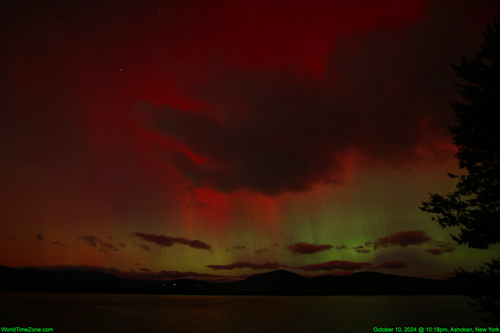 Aurora Borealis show during G3 severe Geomagnetic Storm on Oct 10 2024 - Northern Lights due a powerful X-class solar flare on October 8, 2024 worldtimezone world time zone Alexander Krivenyshev