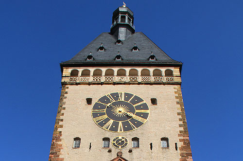 Double clock Doppeluhr des Altpörtels of the Old Gate Altpoertel Speyer Clocktower Germany