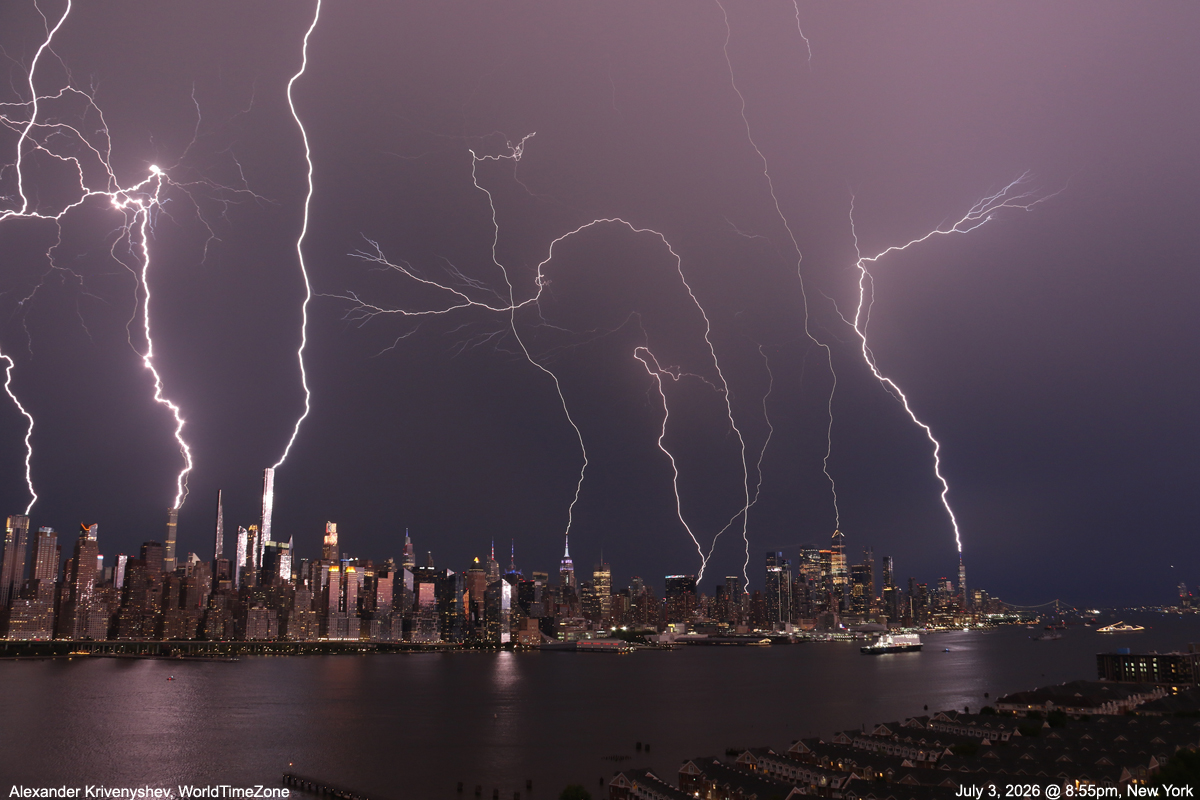 Remarkable multiple lightning strikes captured in a single shot over Manhattan, New York City on July 3 2026 worldtimezone world time zone photo Alexander Krivenyshev WorldTimeZone