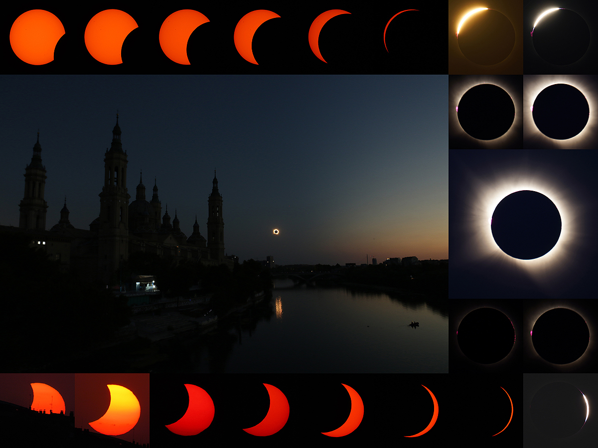  Total Solar Eclipse on August 12, 2026, in Zaragoza, Spain, showing different partial phases of the eclipse and wide-angle views above the historic Catedral-Bas�lica de Nuestra Senora del Pilar, along with the reflection of Totality in the Ebro River worldtimezone world time zone photo Alexander Krivenyshev WorldTimeZone