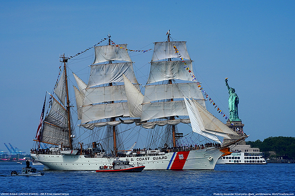 USCGC EAGLE sails past the Statue of Liberty during the Sail4th 250 Parade of Tall Ships on July 4, 2026 in New York Harbor.